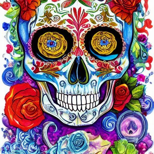 Chaotic Impasto Ofrenda with Sugar Skull Skeletons