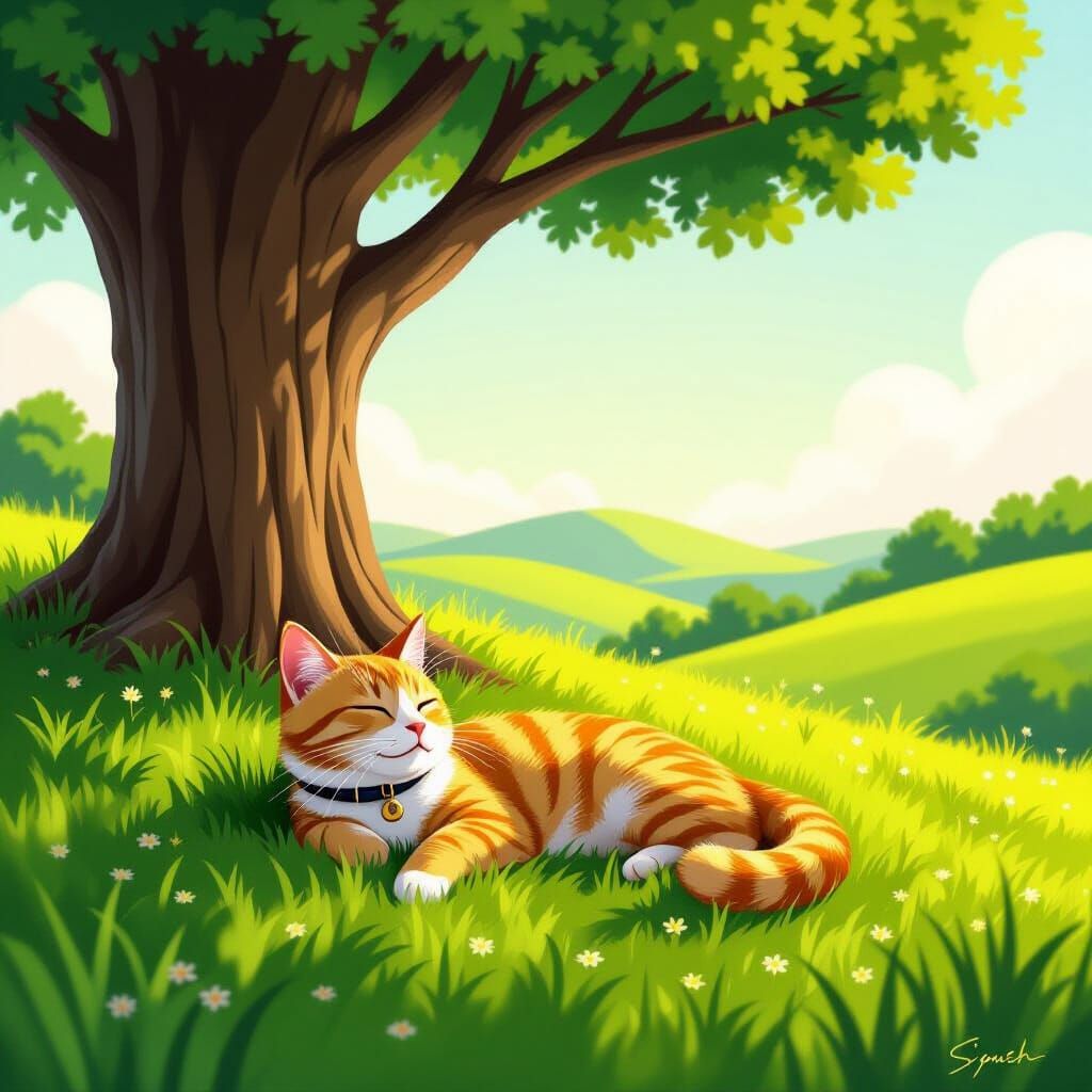 Yellow Cat Sleeps Peacefully on Hillside in Warm Sunlight