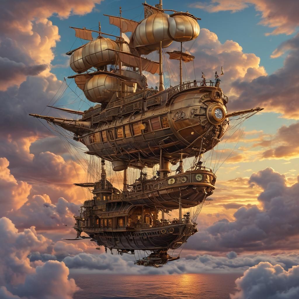Steampunk Airship 'Clockwork Sky Voyager' at Sunset