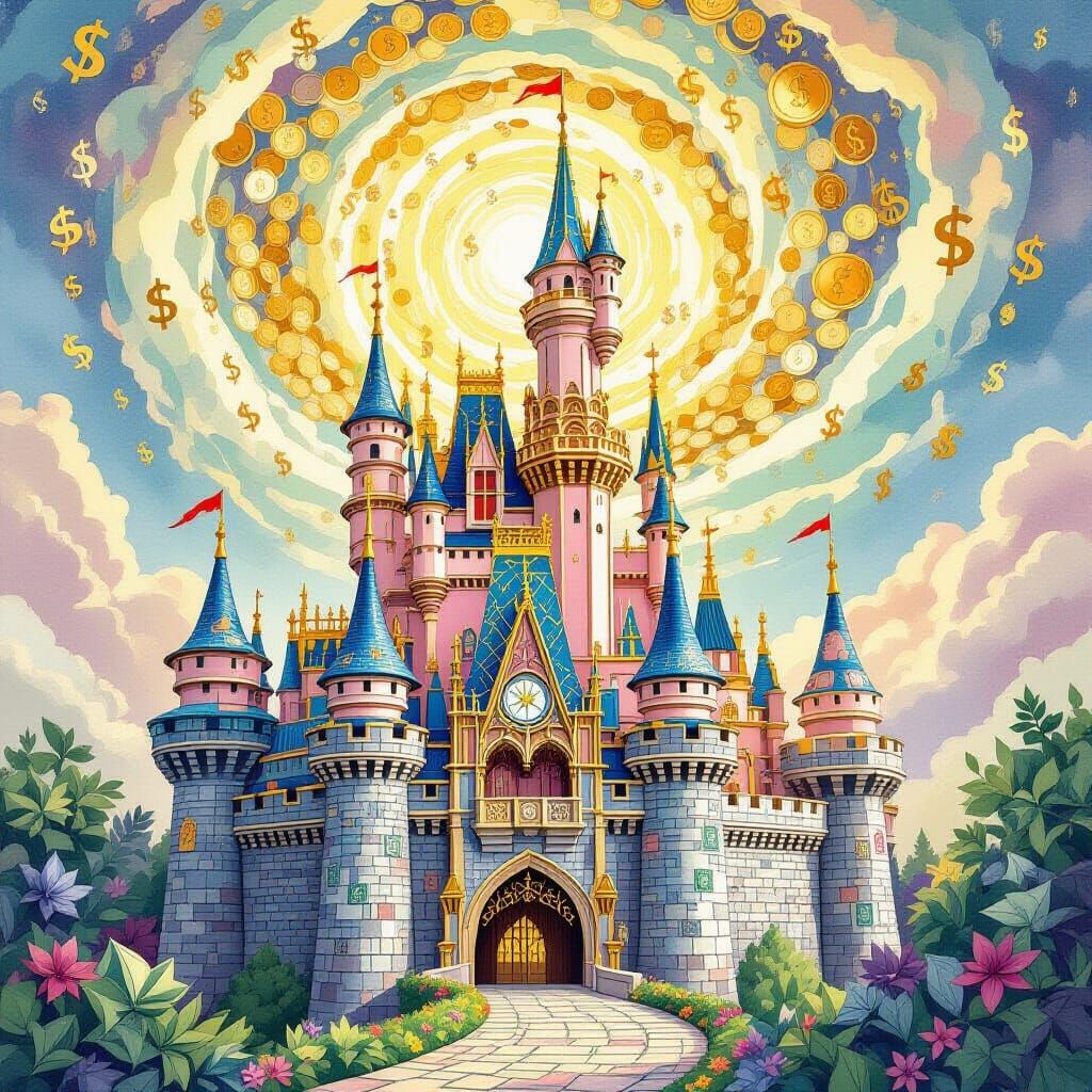 Fantasy Castle Built from Colorful Banknotes in Watercolor S...