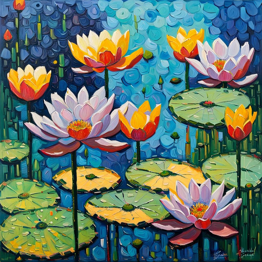 Rainy Day Impressionist Water Lilies in Abstract Impasto