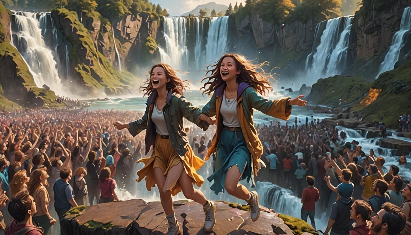 Fantasy Landscape with Dancing Crowd and Waterfalls