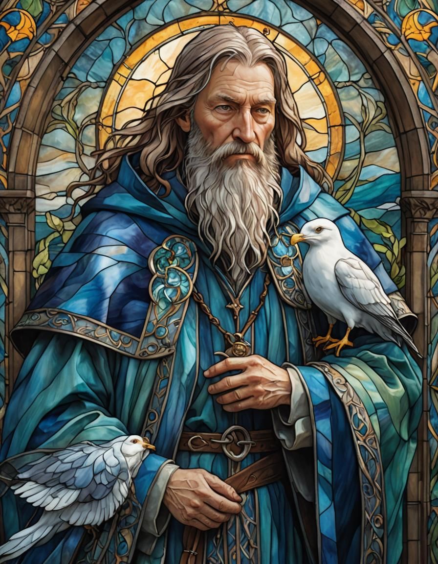 Nordic Mage with Seagull in Stained Glass Style
