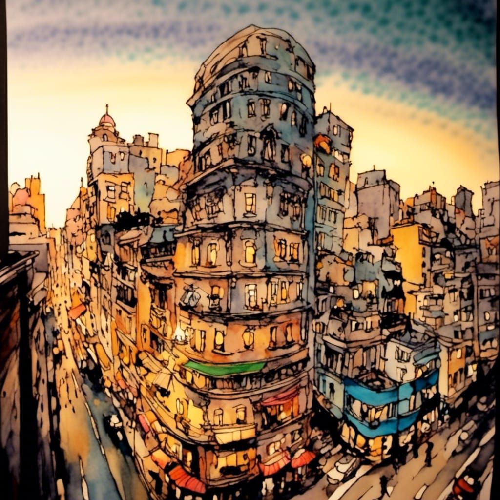 City Street at Night in Ink Drawing Style