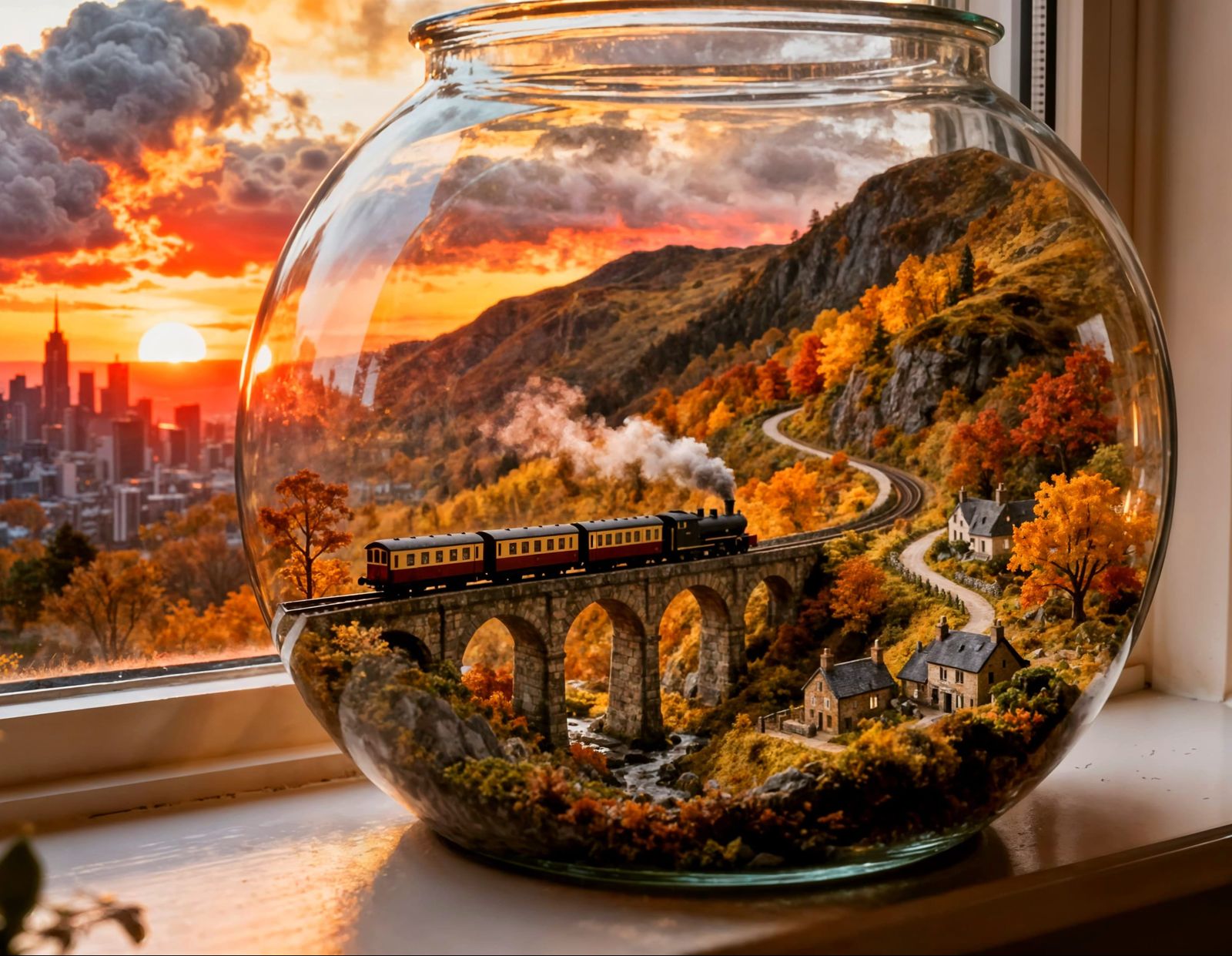Autumn Mountain Valley Diorama with Steam Train and Village