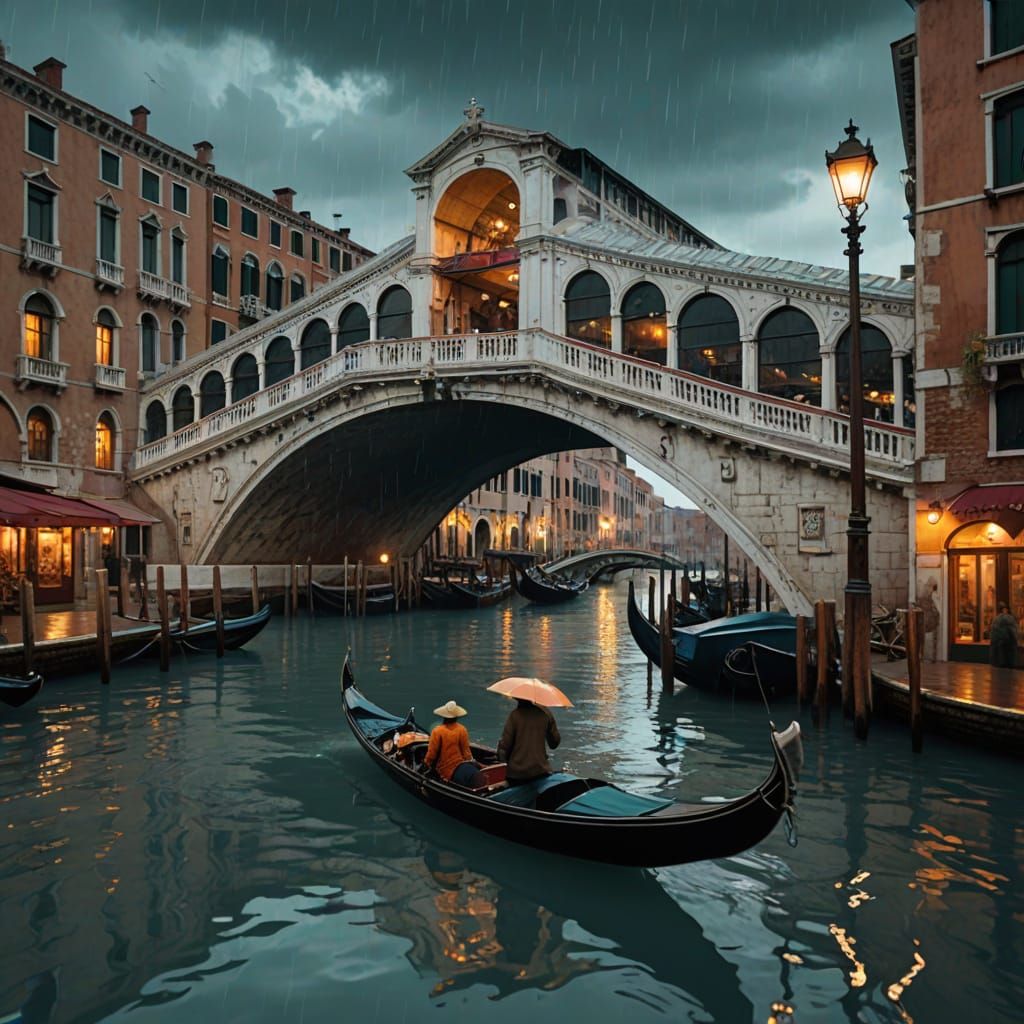 Venice Rialto Bridge in Rain, Greg Rutkowski Style