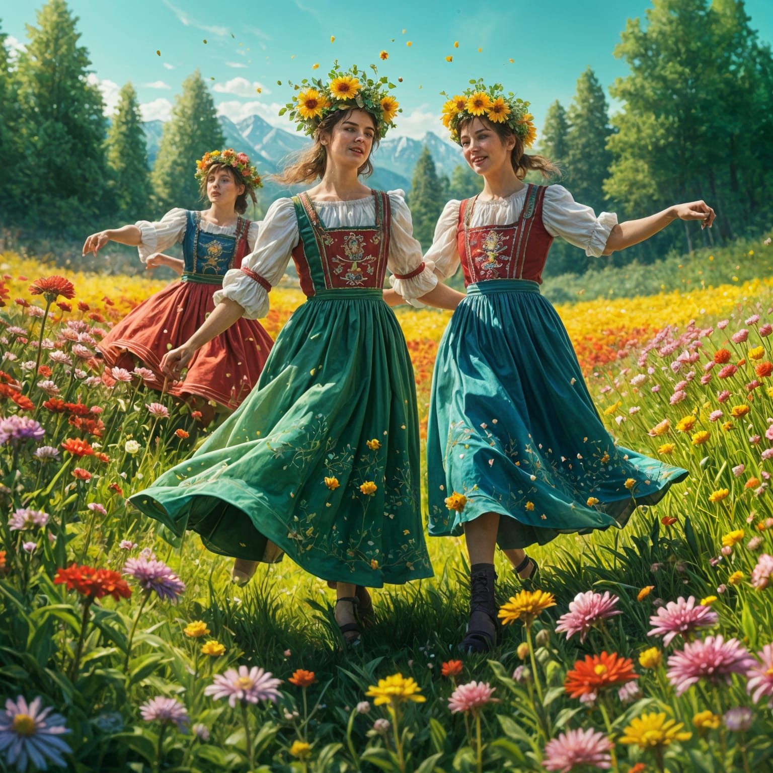 Hyperrealistic Bavarian Dancers in Splash Art Style
