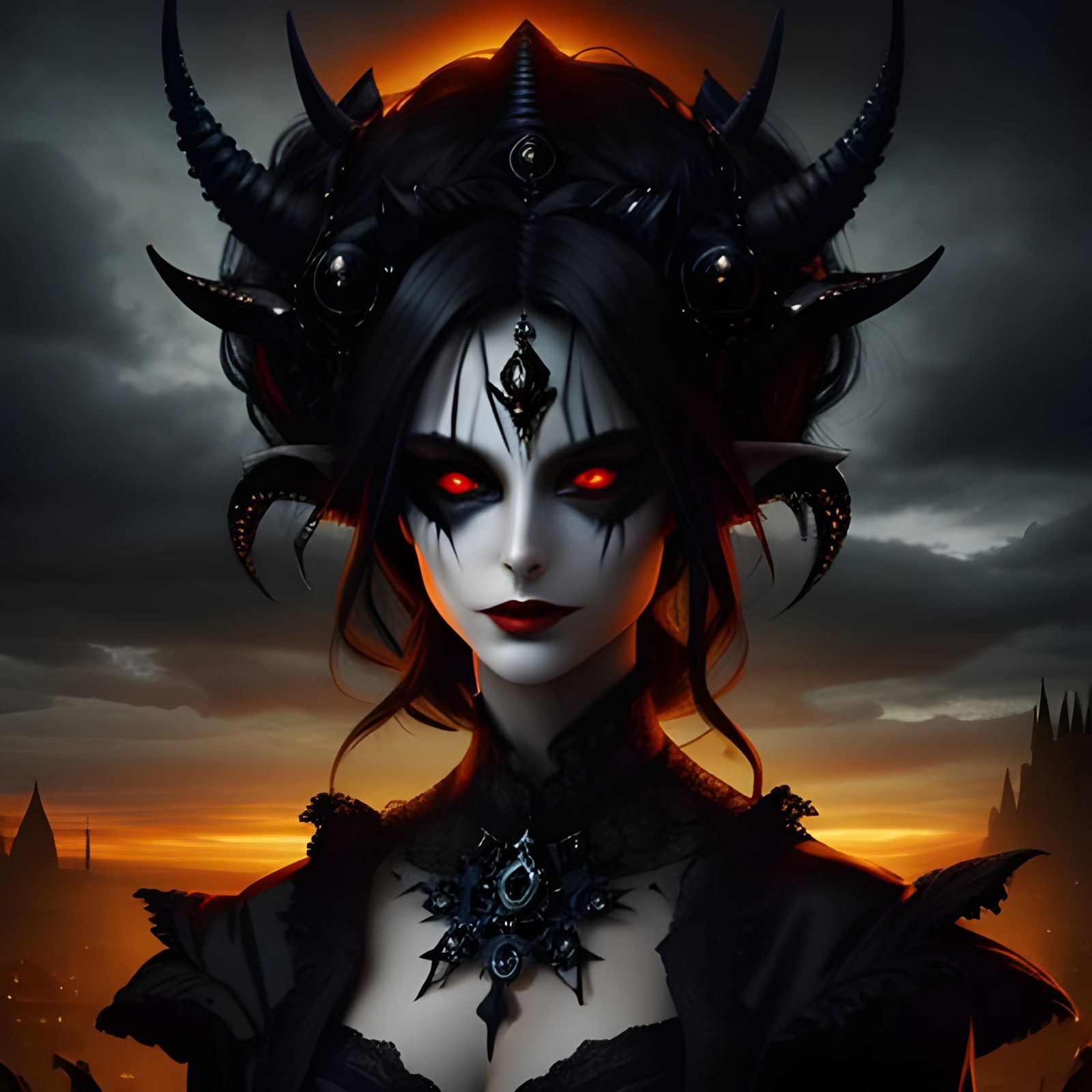 Elegant Gothic Demon in Ominous Sunset Portrait
