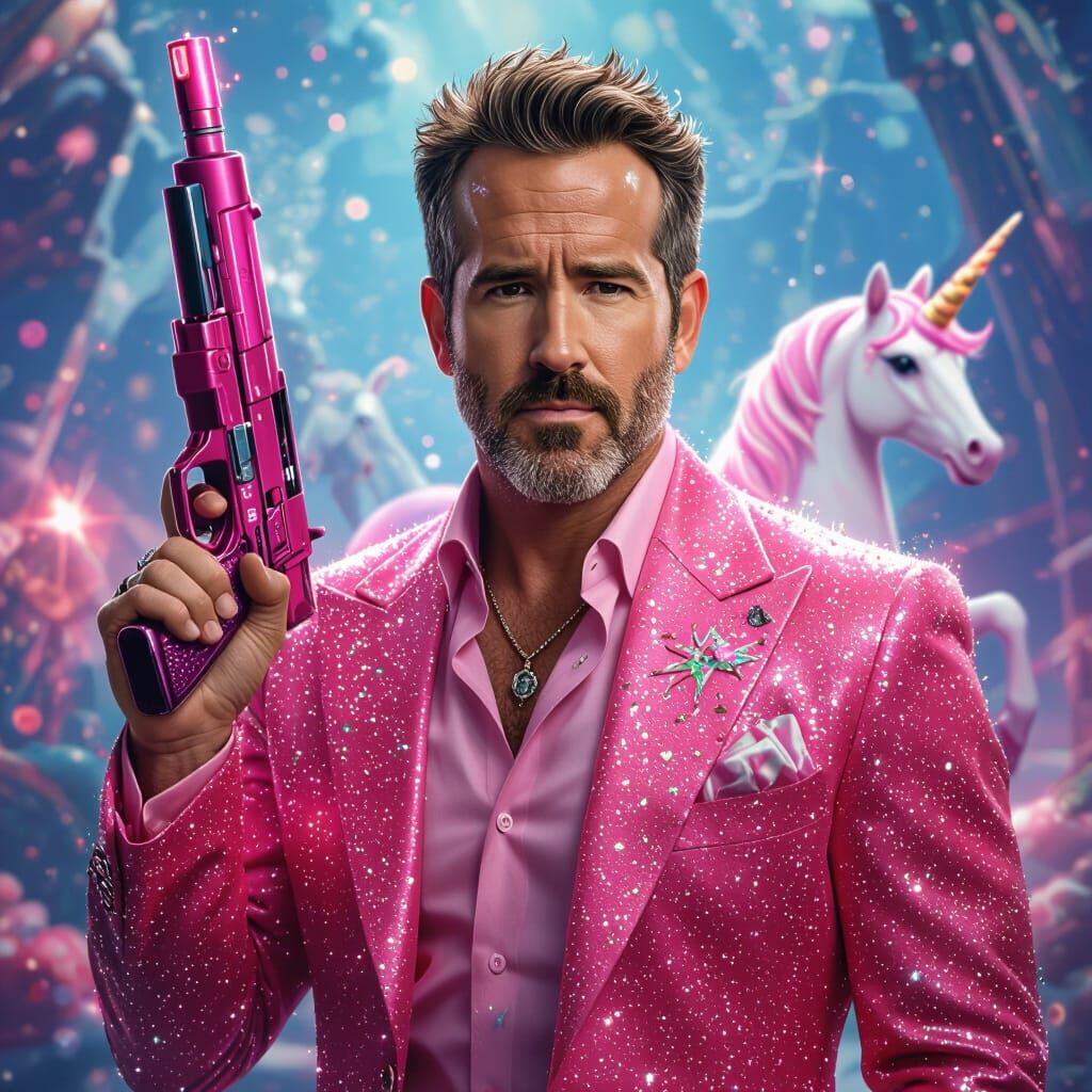 Ryan Reynolds in Pink Outfit with Unicorn Gun