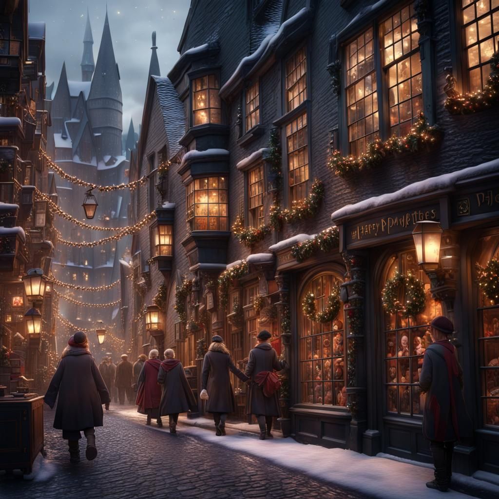 Diagon Alley Christmas Scene in Harry Potter Style