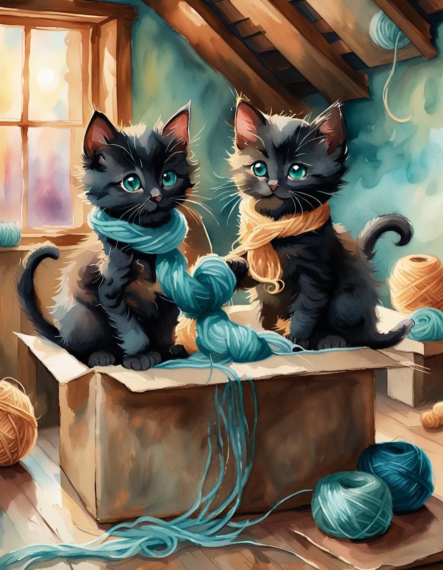 Whimsical Watercolor: Black Kittens Playing in Attic
