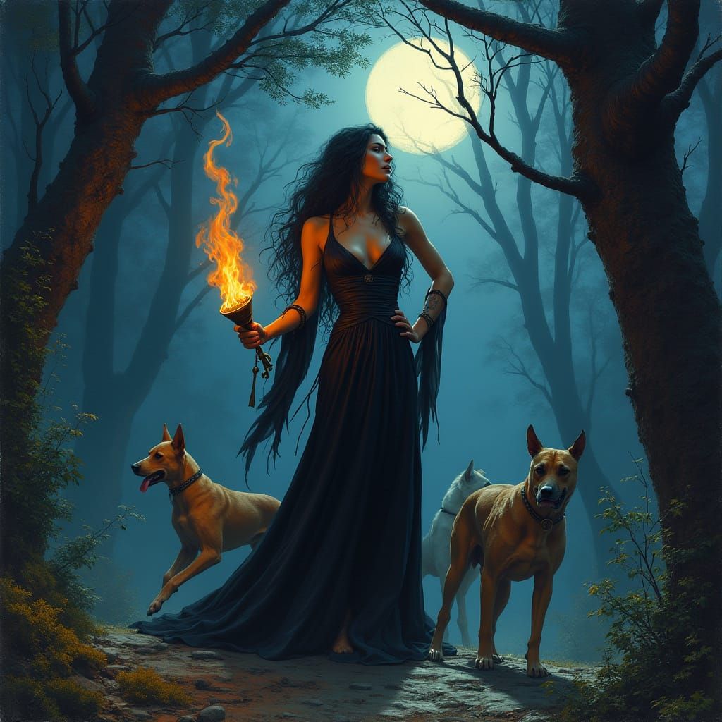 Mystical Dark Goddess in Forest, Frazetta Style