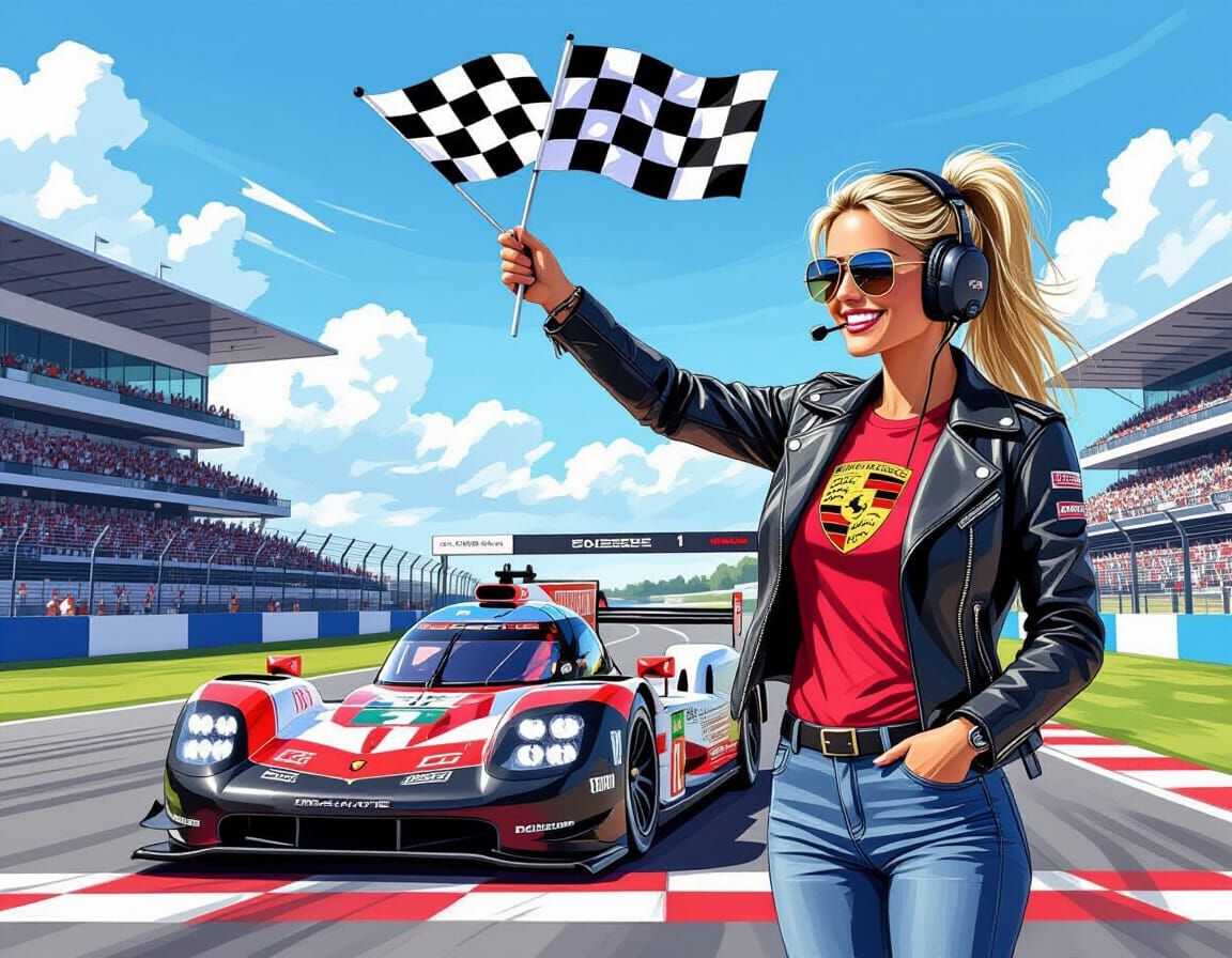 Blonde Woman Waves Checkered Flag at Porsche Race