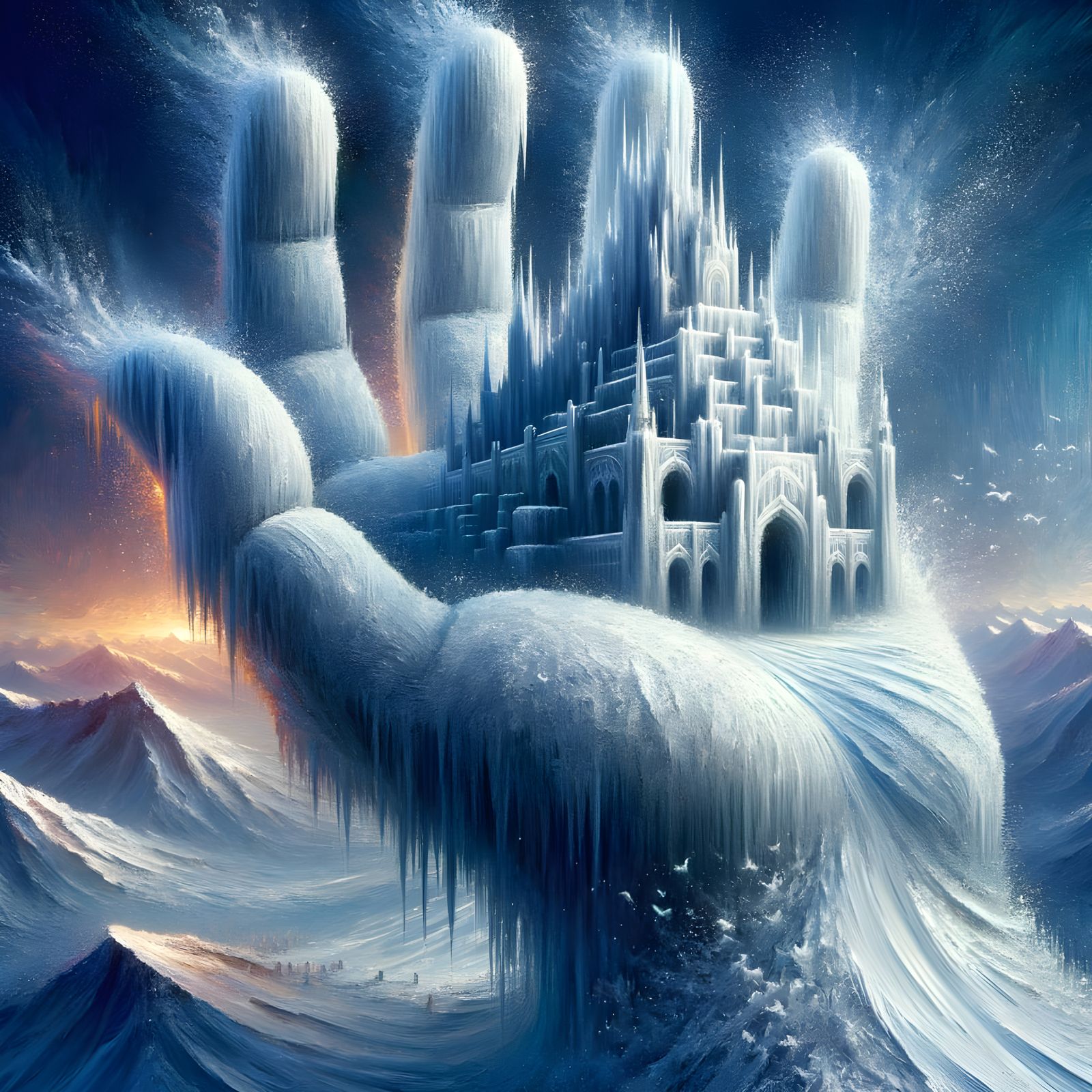Gigantic Ice Hand Reaches for the Sky with Majestic Castle