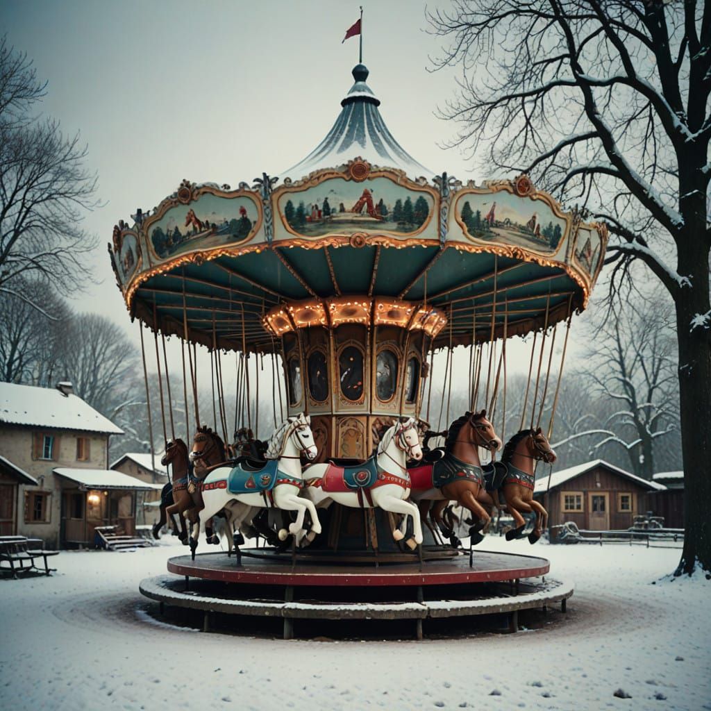 Whimsical Winter Scene on a Vintage Merry-Go-Round in a Fren...