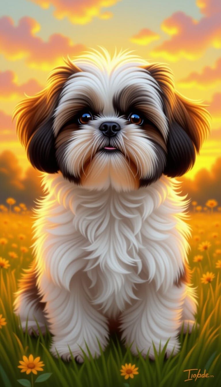 Fluffy Shih Tzu in Golden Hour Landscape Oil Painting