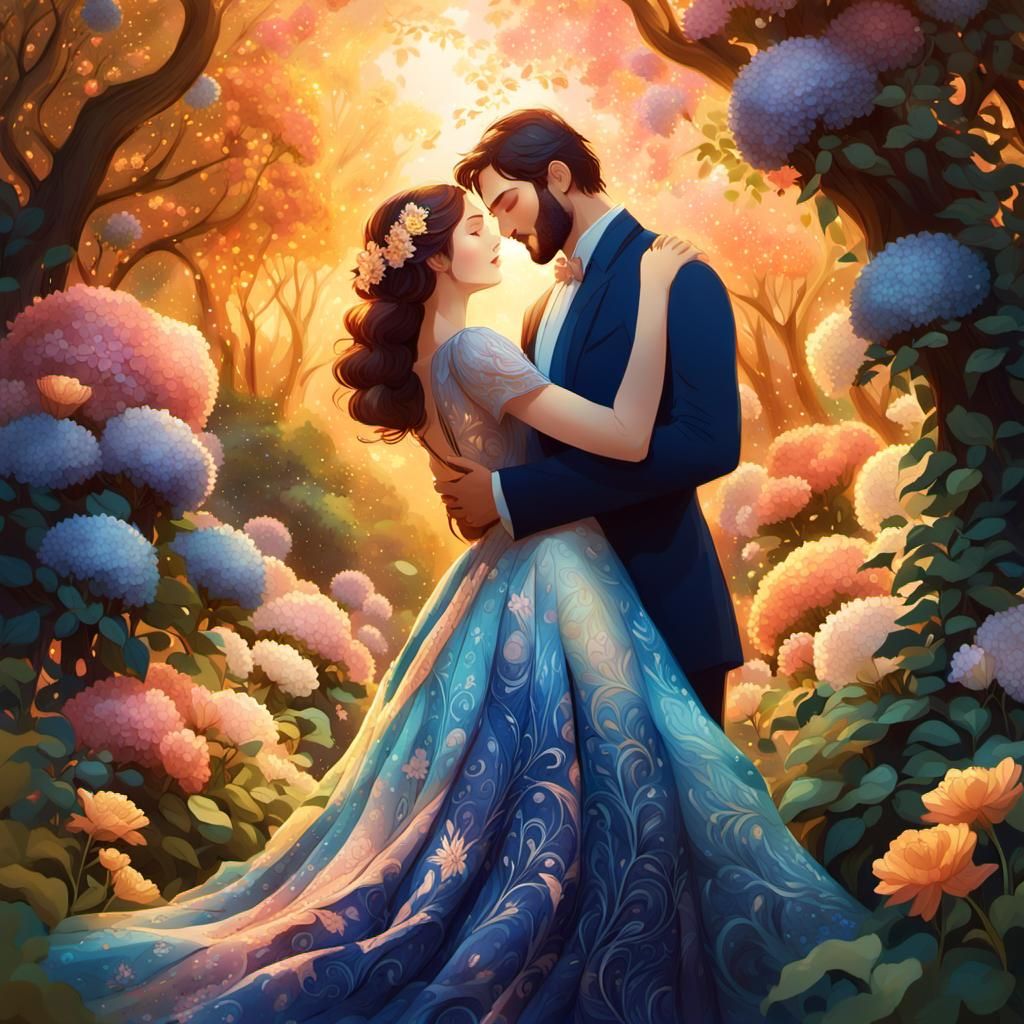 Romantic Couple Embrace in Lush Fantasy Garden