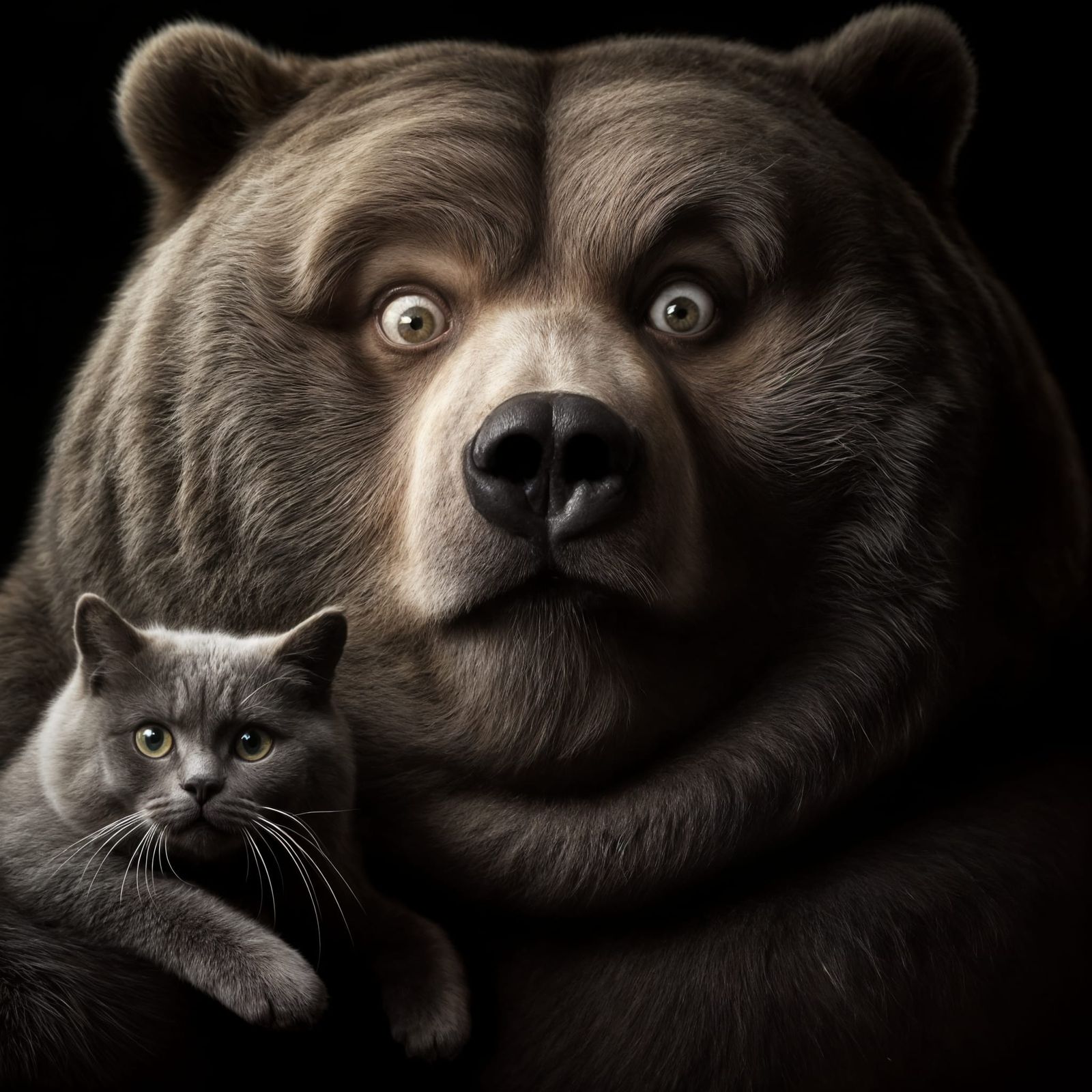 Obese Kodiak Bear Holding a Cat in Dark