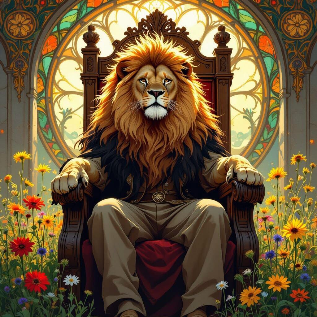 Fiery Lion King on Oak Throne, Art Nouveau