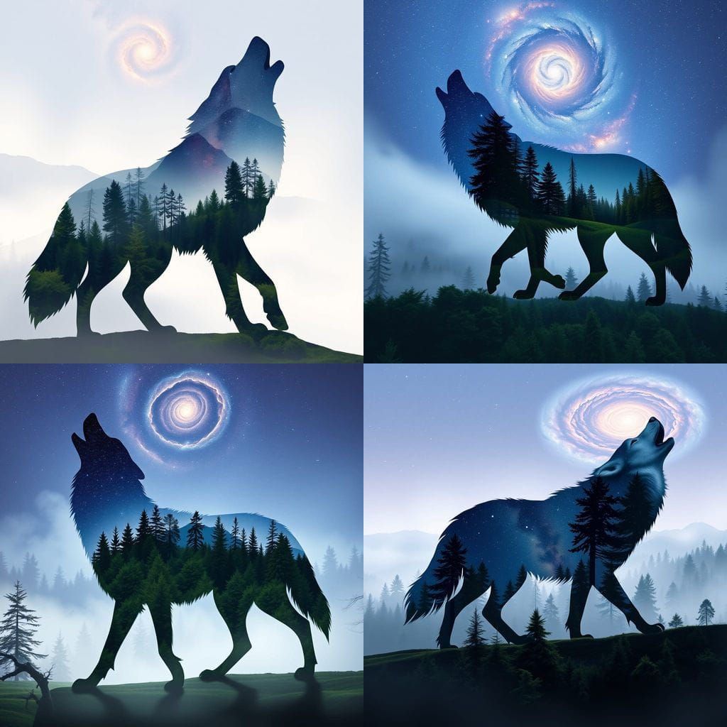 Cosmic Wolf Howling in Misty Forest: Digital Art