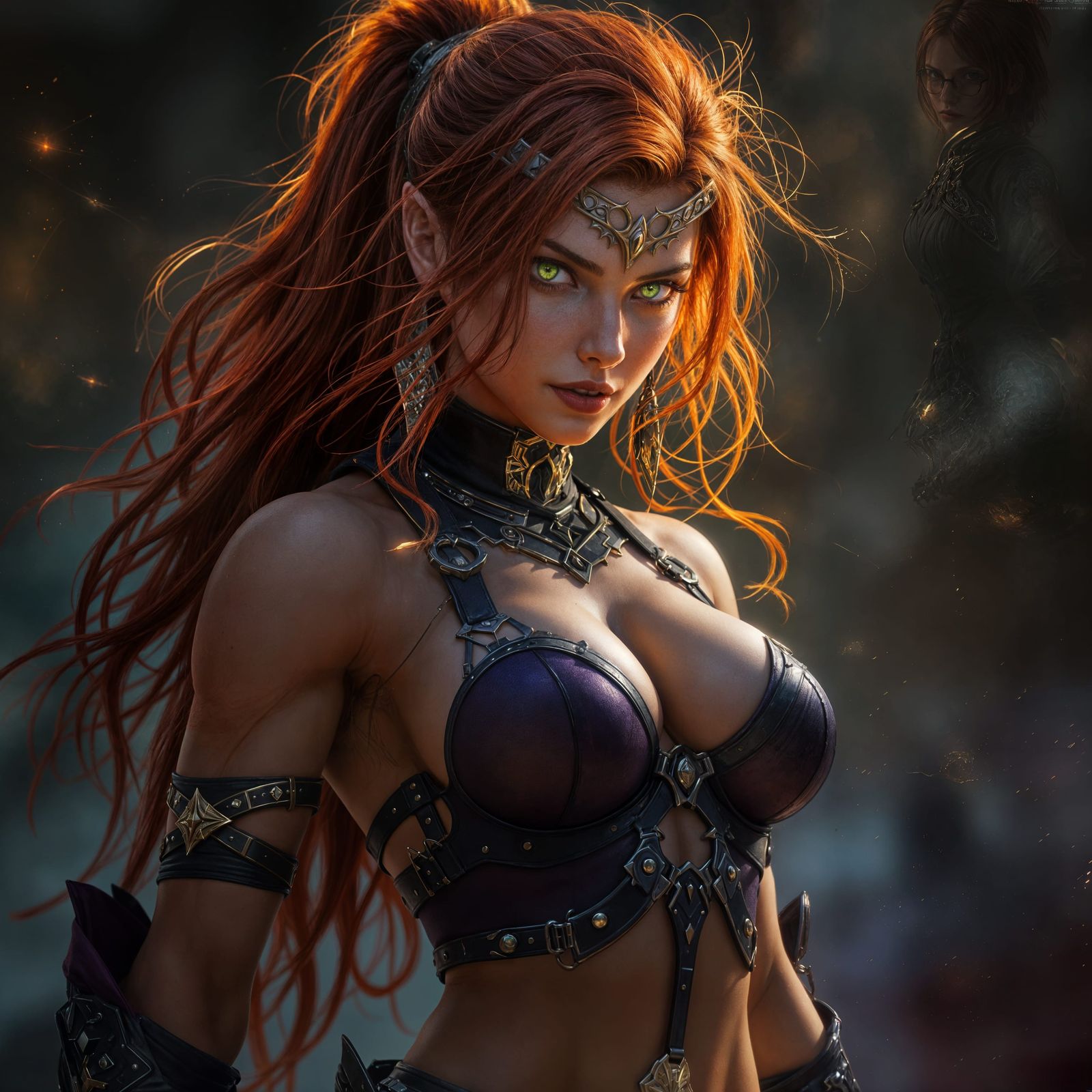 Dark Fantasy Muscular Woman in Harness, Detailed Concept Art
