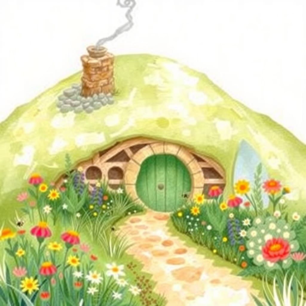 A cozy hobbit hole nestled into a hillside covered in wildfl...