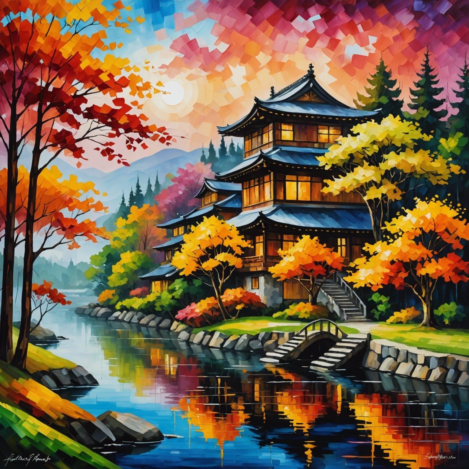 Warm Colored Japanese Landscape, Afremov Style