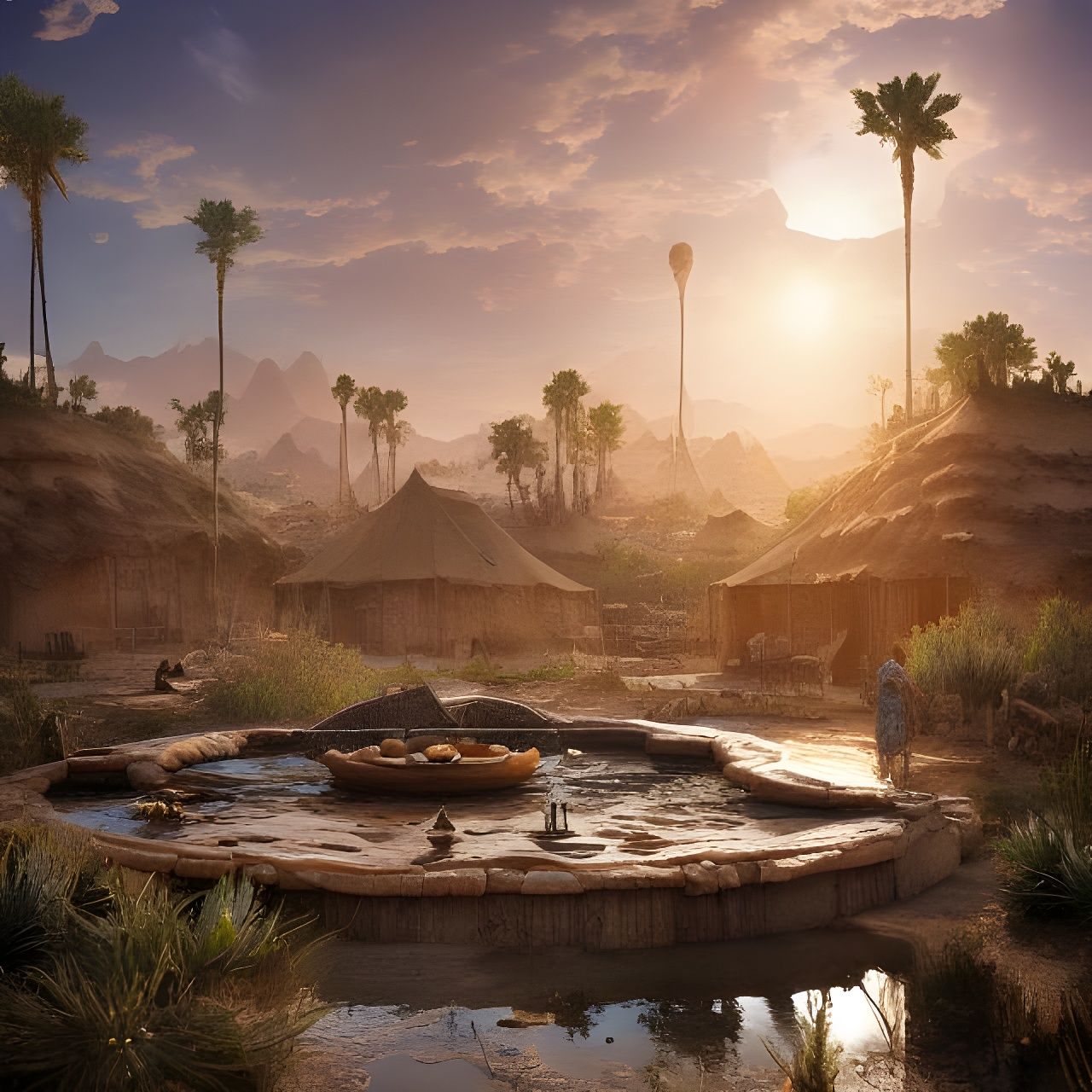 Lush Desert Oasis Nomadic Camp, Fantasy Art