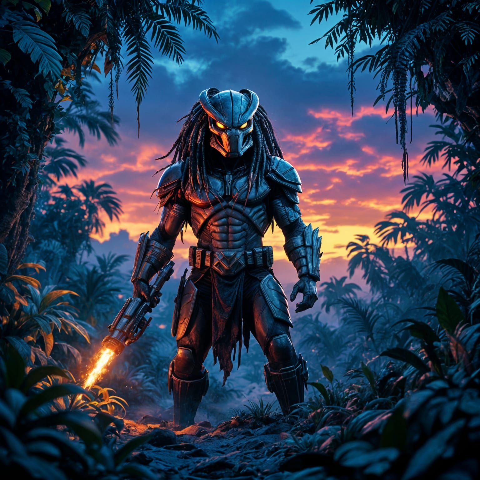 Triumphant Predator Victorious in Bioluminescent Jungle