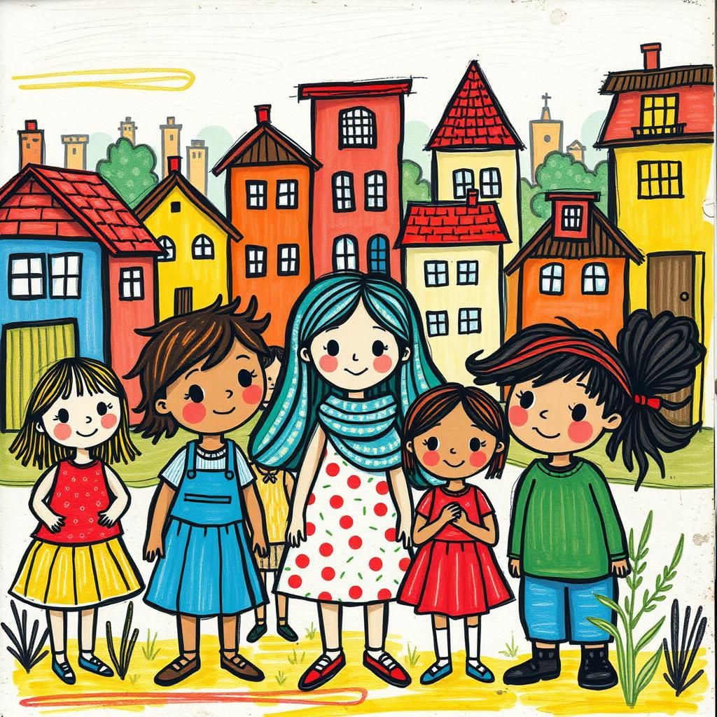 Happy Children in Colourful Wax-Pencil World