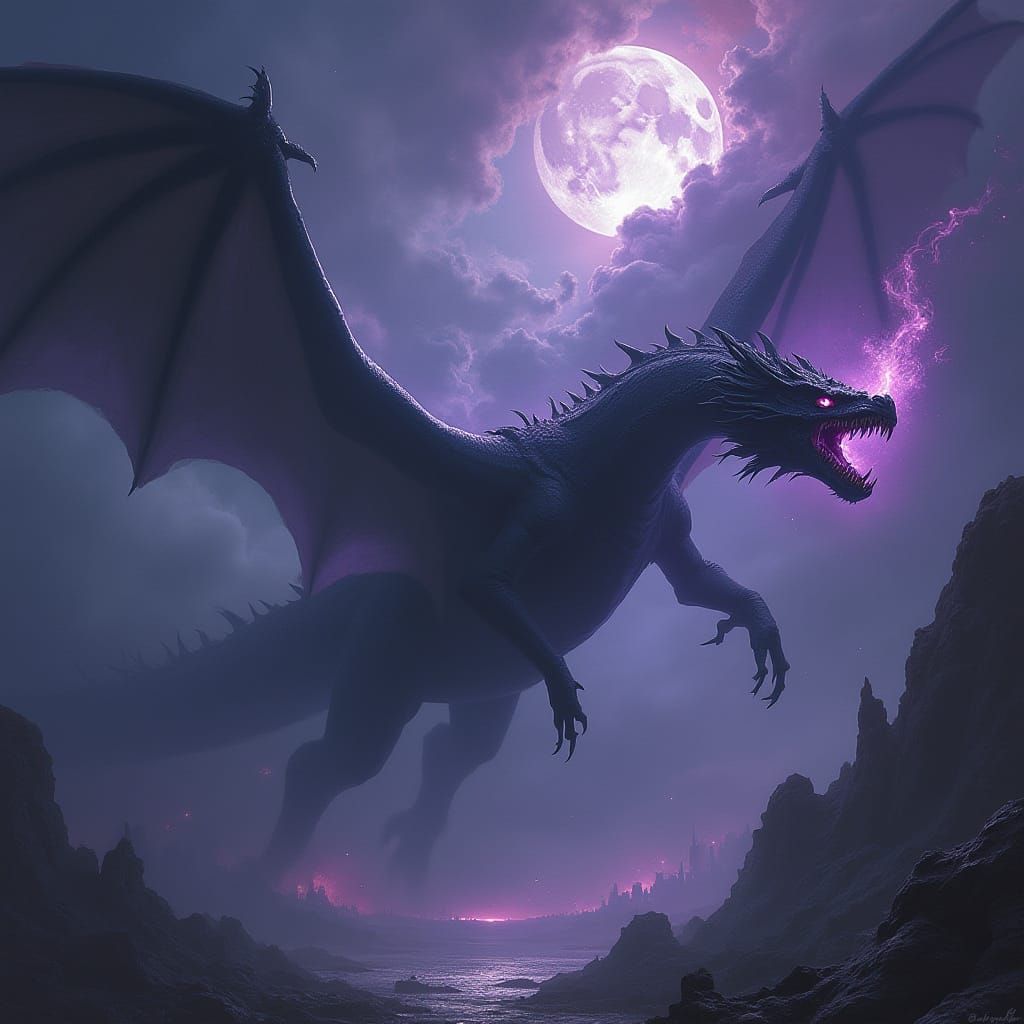 Black Dragon Eclipsing Moon in Cosmic Storm