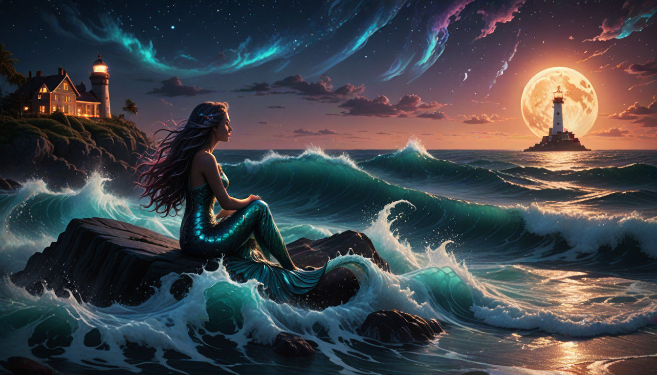 Ethereal Mermaid Shines Under Silver Moonlight