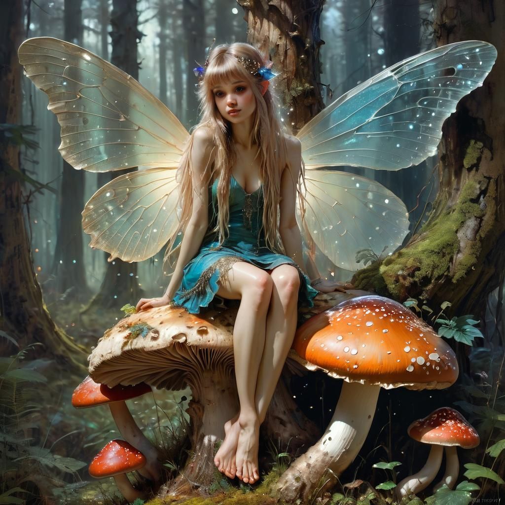 Ornate Fairy on Mushroom in Fantasy Art Style