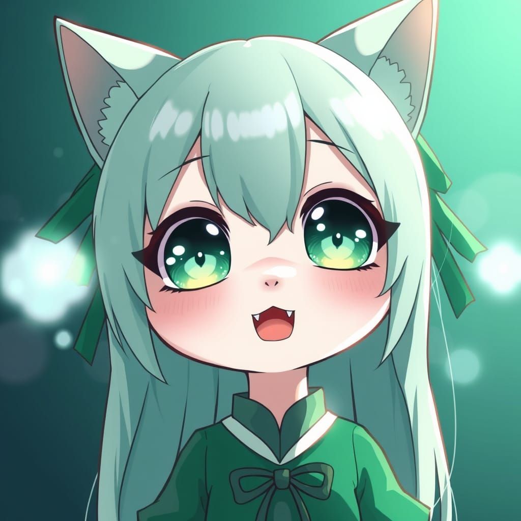 Cute Chibi Anime Catgirl in Emerald Elegance