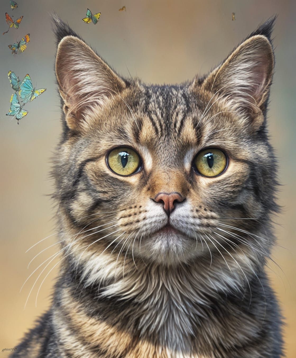 Cat Portrait with Butterfly in Hyperrealistic Style