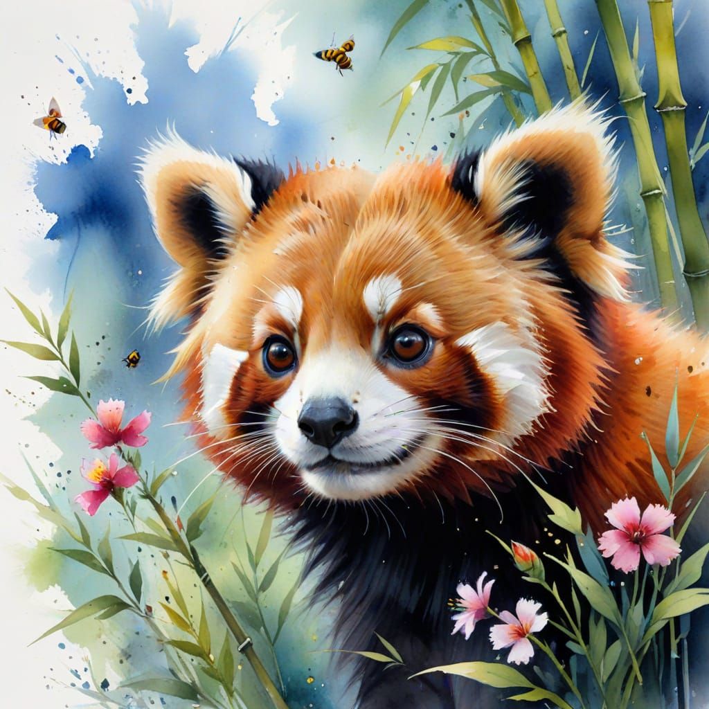 Fluffy Red Panda Among Bamboo Flowers in Vibrant Watercolour