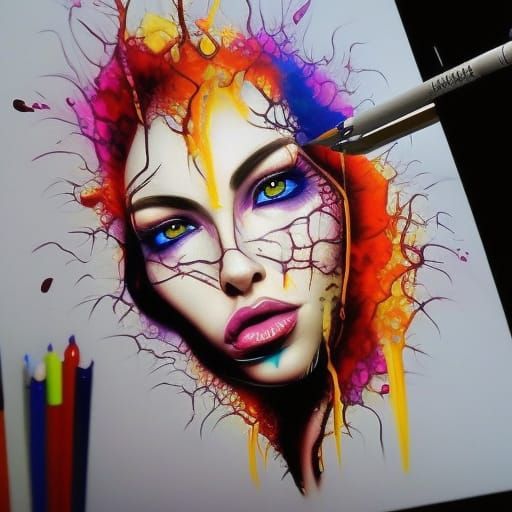 Hyperrealistic Ink Drawing with Colorful Splash Art