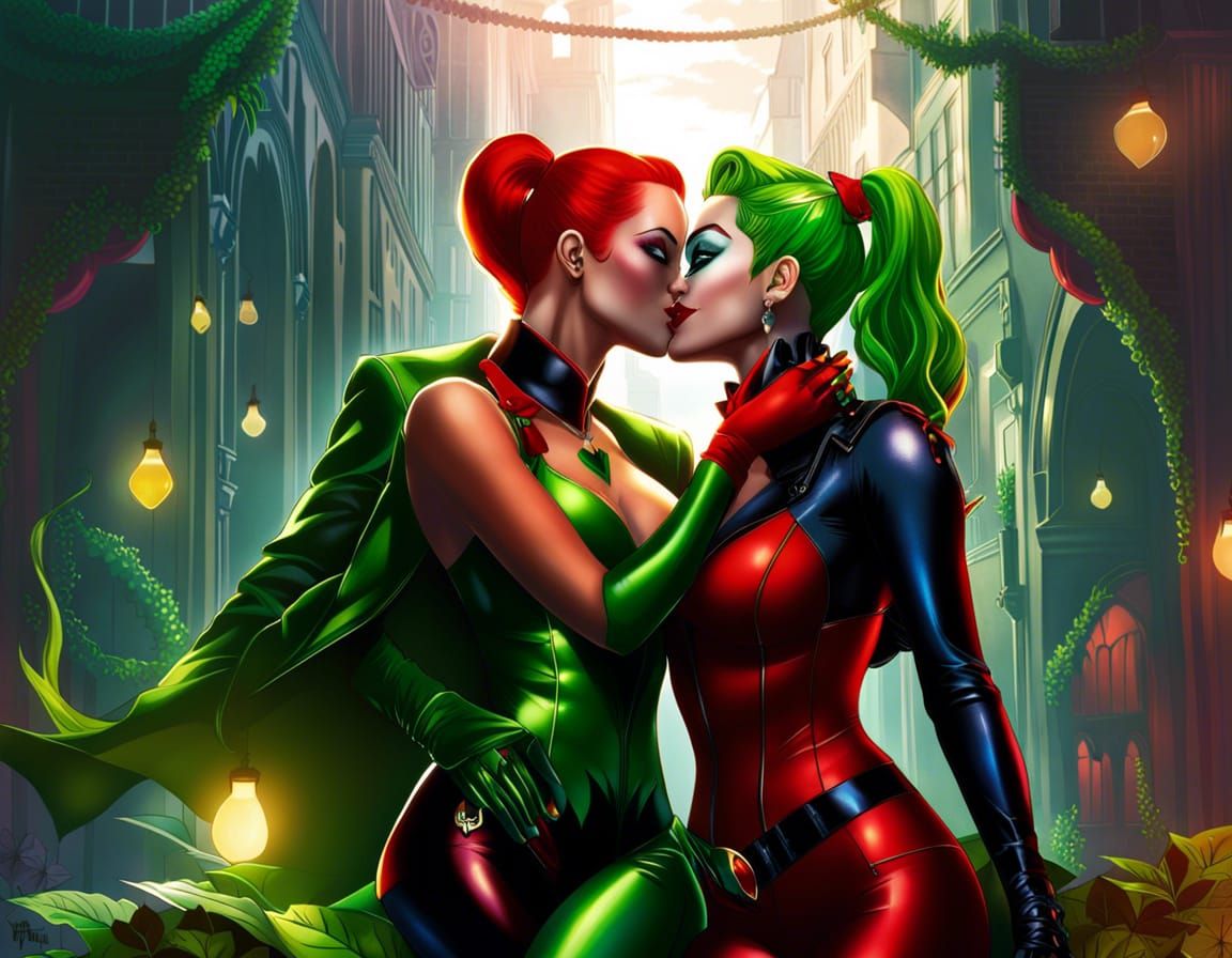Poison Ivy and Harley Quinn Kiss: Digital Comic Art