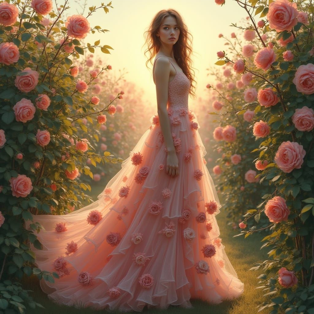 Ethereal Woman Emerges from a Blooming Rose Garden in Golden...