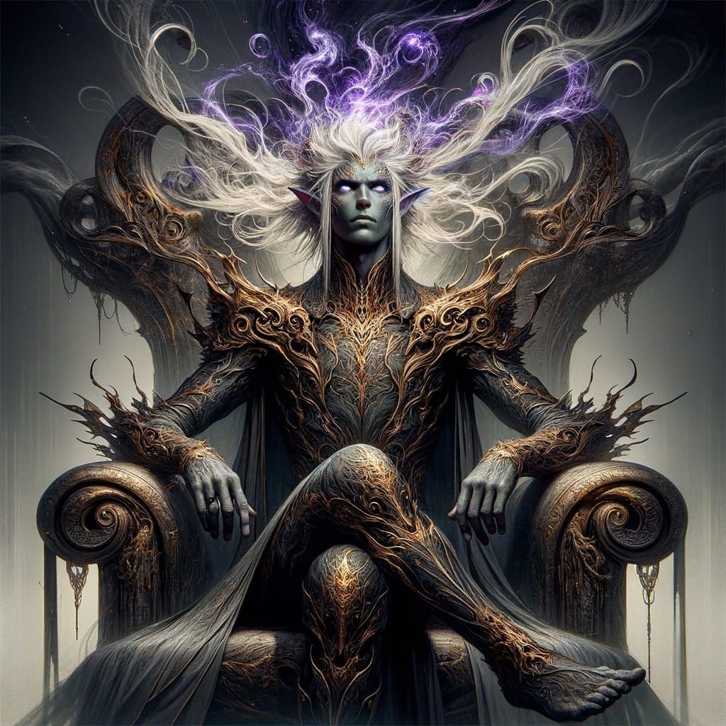 Enigmatic Elf Mage on Magical Throne