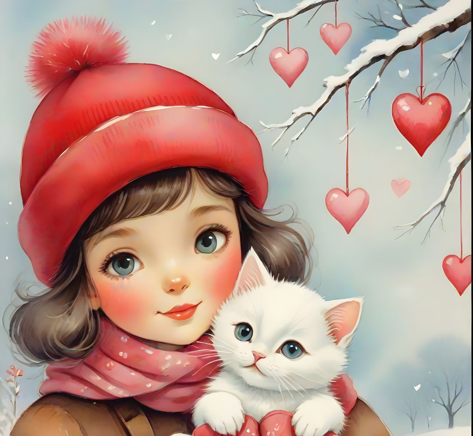 Adorable Winter Girl with White Kitty in 1960s Valentine Sty...