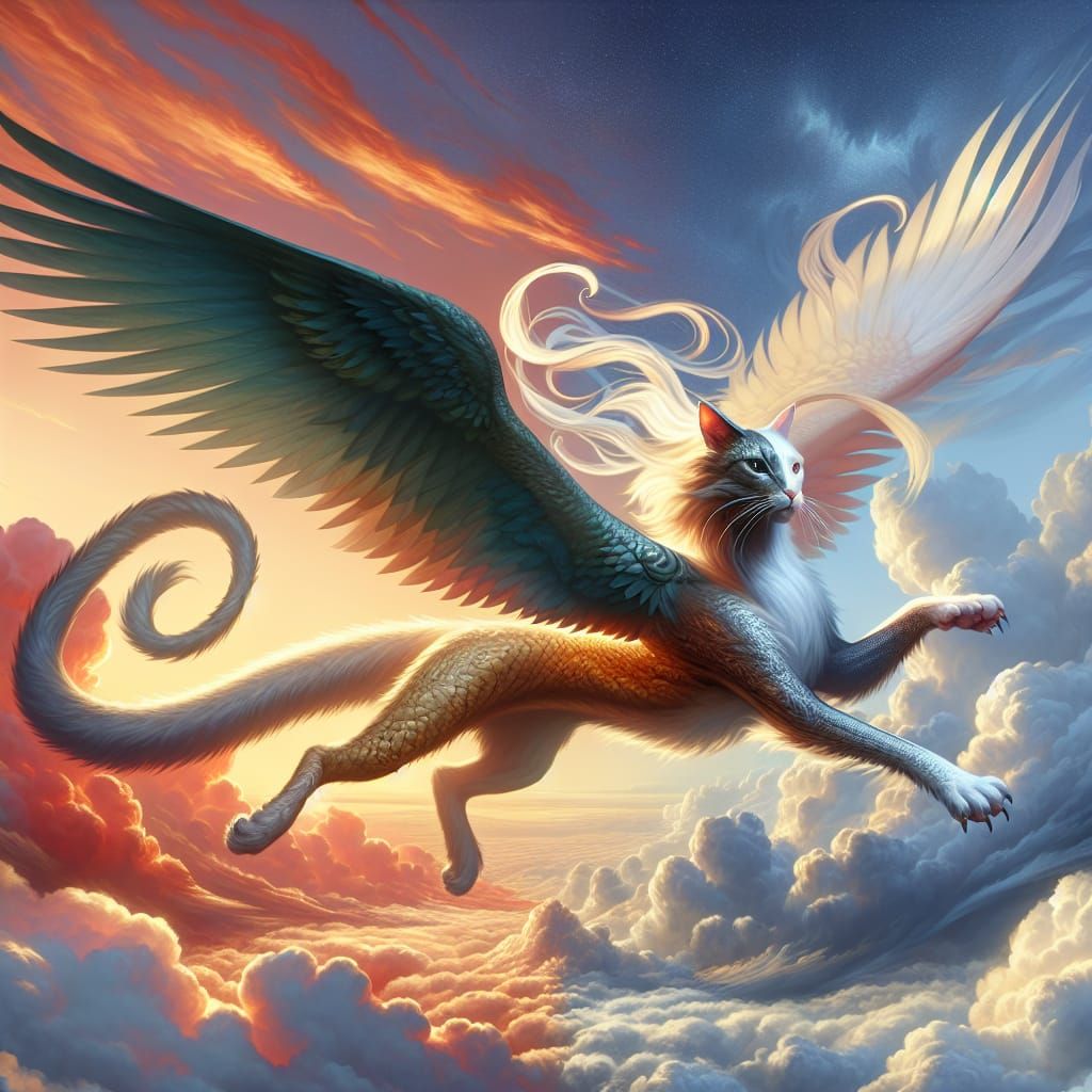 Chimera: Dragon-Cat Soaring in the Sky, Digital Illustration