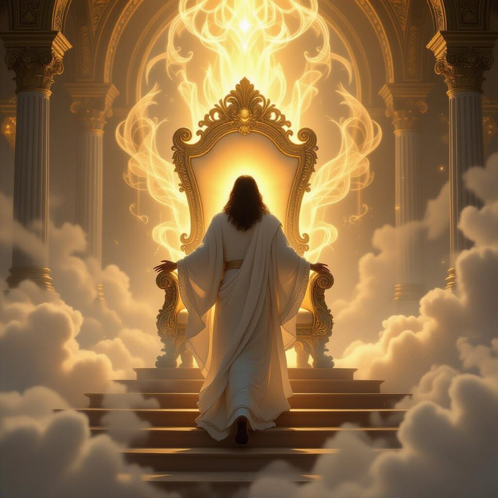 Divine Messiah Approaches Ornate Throne in Ethereal Light