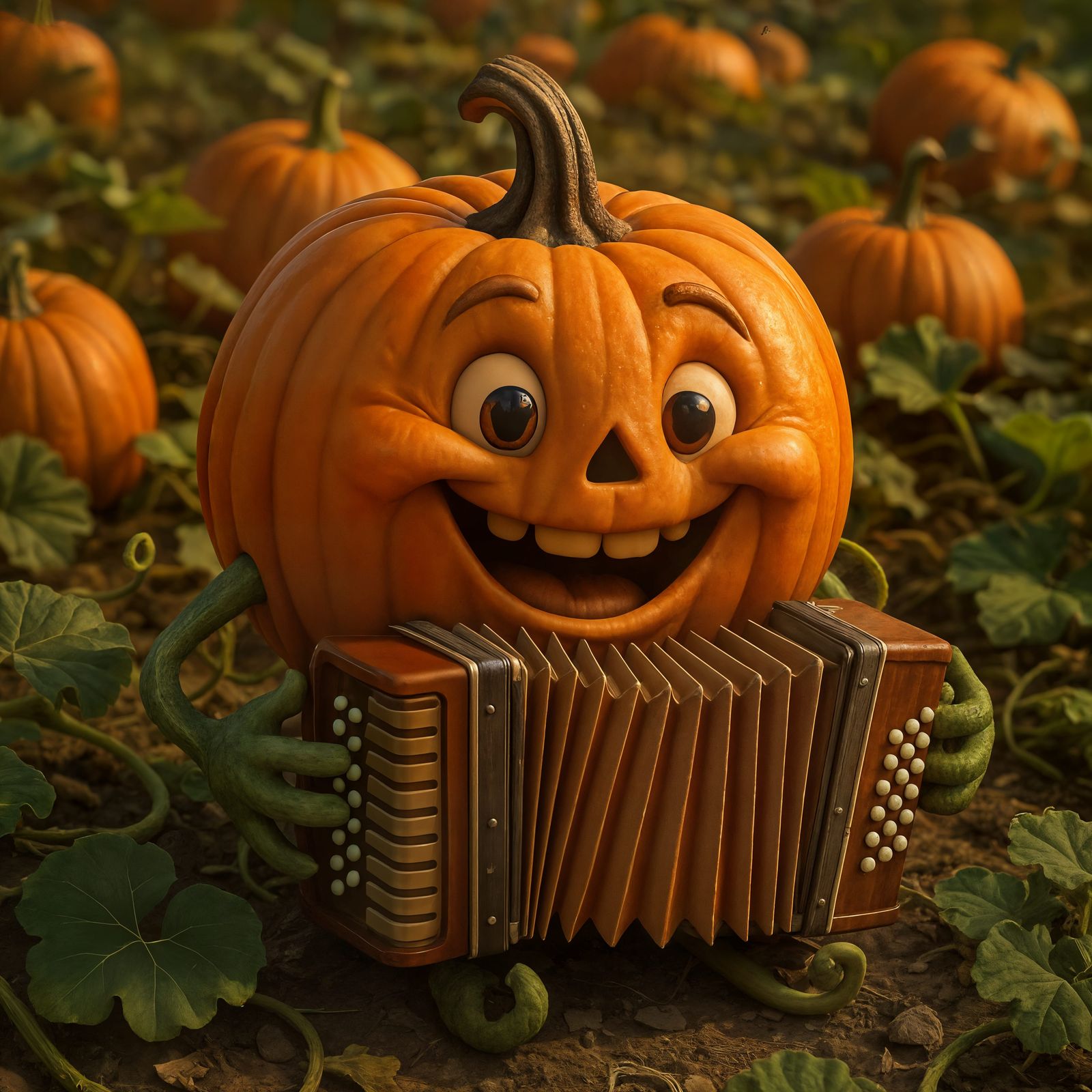 Happy Pumpkin Plays Accordion in Patch