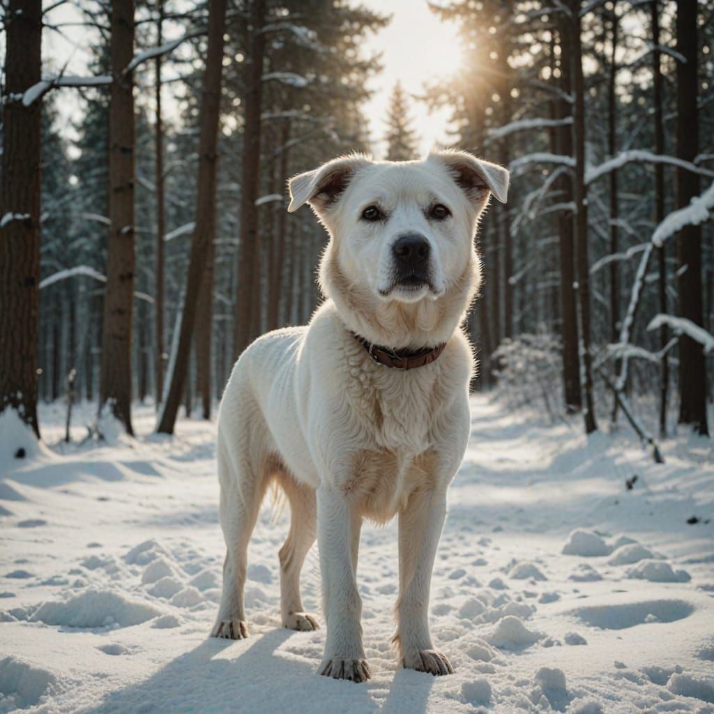 Regal White Dog in Winter Wonderland