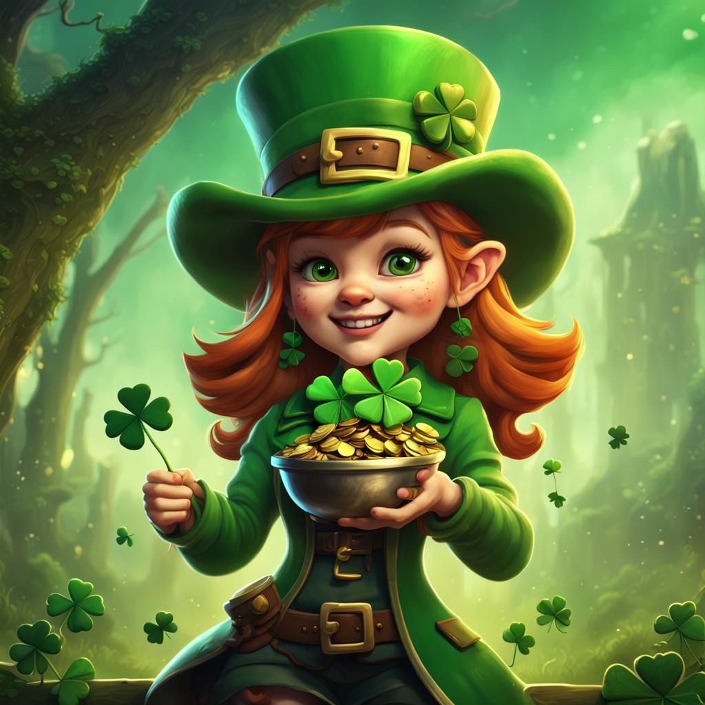 Cute Leprechaun with Shamrocks in Detailed Matte Painting