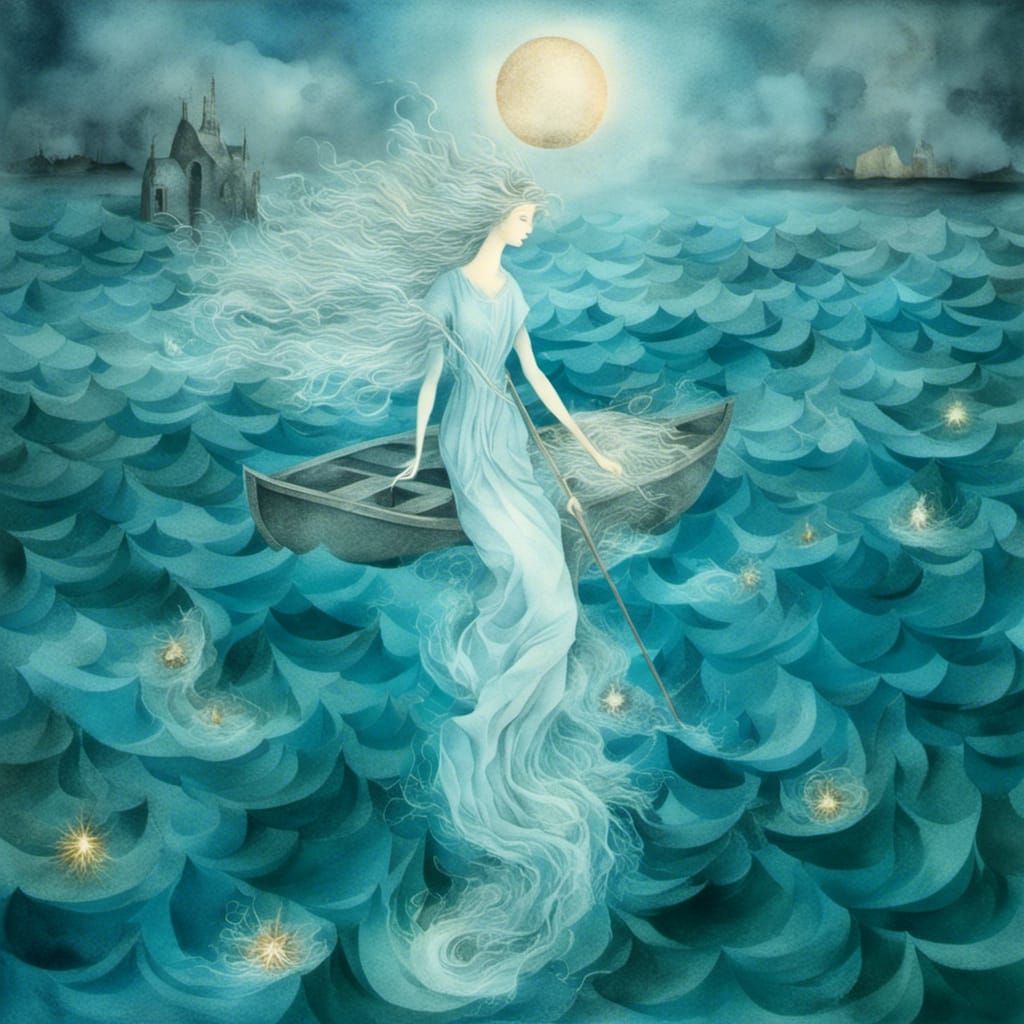 <lora:Varo Remedios style:1.0>  Mermaid with long copper cur...