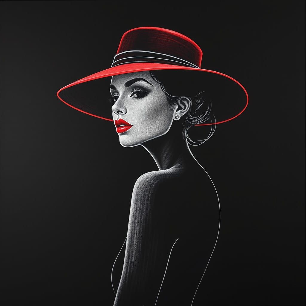 Refined Lady in Red Hat, Black Background