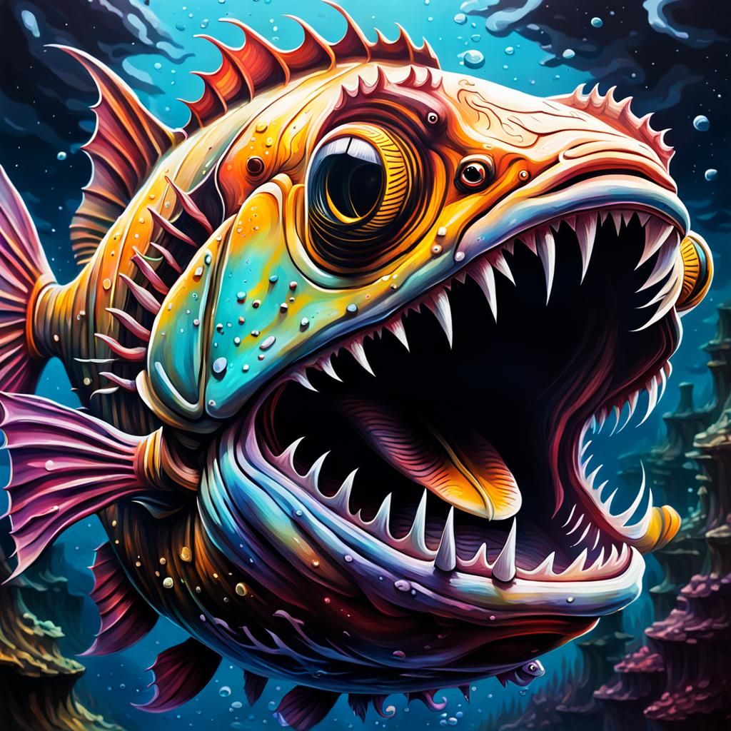 Angler Fish Close-Up in Graffiti Art Style