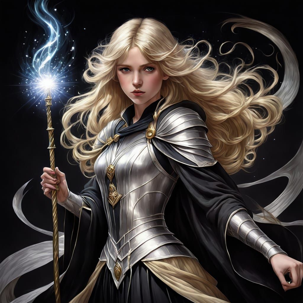 Blond Wizard Girl with Wand in Chiaroscuro Style
